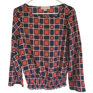 Michael Kors Red Navy Geometric Smocked Hem Blouse Small Gold Ring Luxury Career